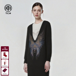 TCH幻彩闪钻蝴蝶假两件宽松秋冬优雅气质针织连衣裙女T75D30E1043