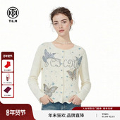 TCH气质温柔风烫钻蝴蝶蕾丝领针织开衫 女早春内搭上衣T78A43E1015