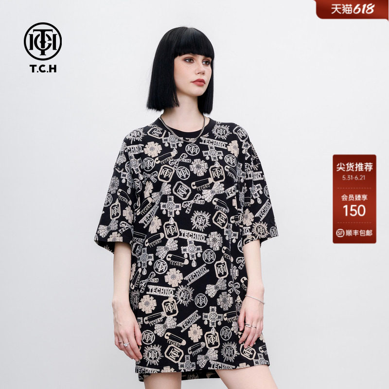 TCH个性老花烫钻设计感T恤裙街头潮流圆领连衣裙女2026夏季新款