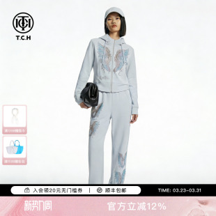 TCH重工烫钻幻彩翅膀连帽短外套休闲裤 女T78A07E1151 运动减龄套装