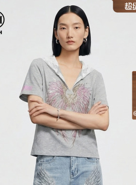 TCH烫钻灰色蕾丝连帽V领显瘦短袖T恤2026年春夏新款女T78A10E1015