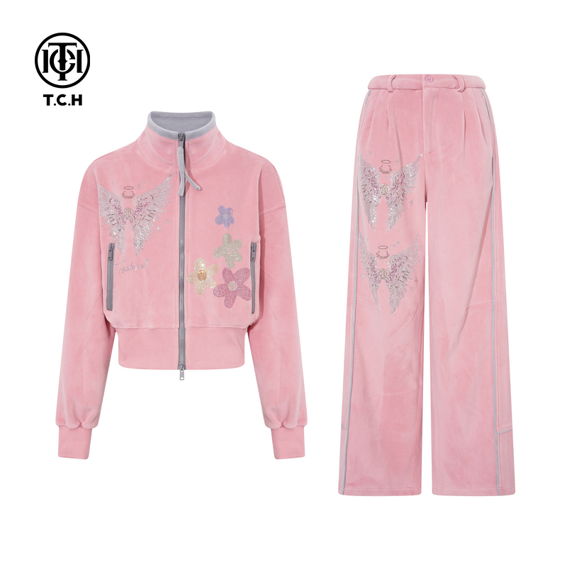 TCH时尚烫钻粉色立领保暖外套休闲裤套装女25冬季新款T75D07E1055