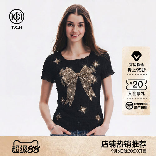 TCH烫钻蝴蝶结方领短袖T恤女