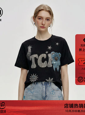 潮牌时尚烫钻字母小熊短袖T恤女