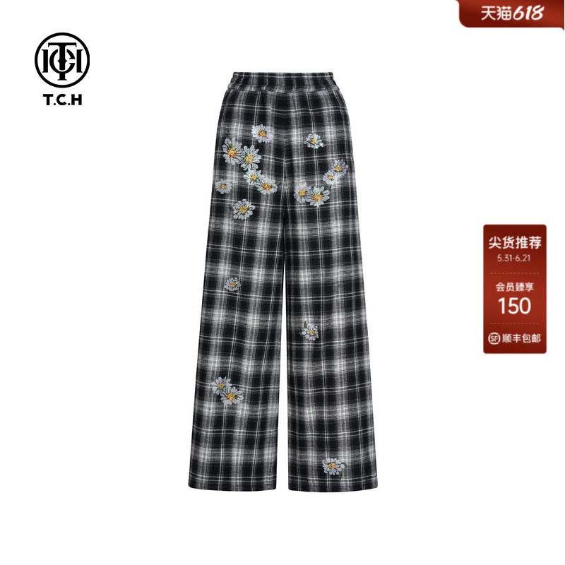 TCH轻奢烫钻潮牌高街时尚黑白格休闲宽松显瘦阔腿裤女T75C20E9005