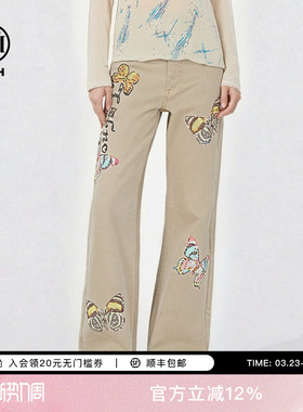 TCH2026春夏新款时尚烫钻卡其色直筒阔腿显瘦牛仔裤女T78A20E1057