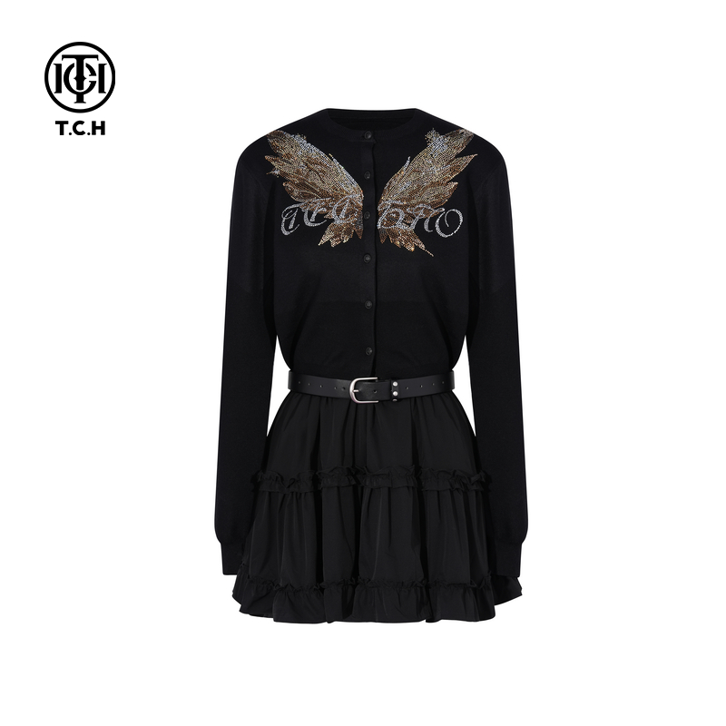 TCH私服烫钻韩版显瘦针织开衫无袖拼接蛋糕裙套装女T75C07E1062