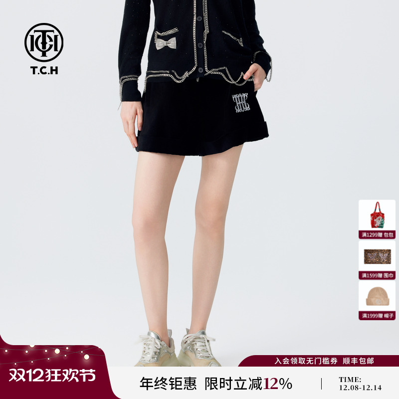TCH丝绒烫钻高腰显瘦短裤女时尚百搭复古休闲阔腿裤2025春夏新款