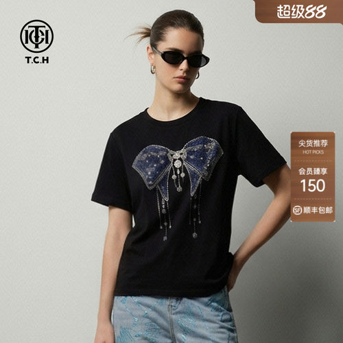TCH潮酷休闲风烫钻蝴蝶结黑色短袖T恤女2026春夏新款T78A10E1030