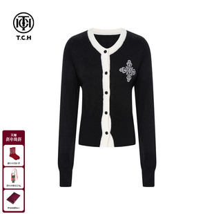 T75C43E9010 新款 TCH轻奢烫钻绵羊毛撞色针织开衫 上衣女2025冬季