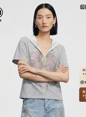 TCH烫钻灰色蕾丝连帽V领显瘦短袖T恤2026年春夏新款女T78A10E1015