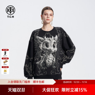 新款 休闲卫衣潮牌圆领上衣女2025夏季 烫钻暗黑高级感美式 TCH个性