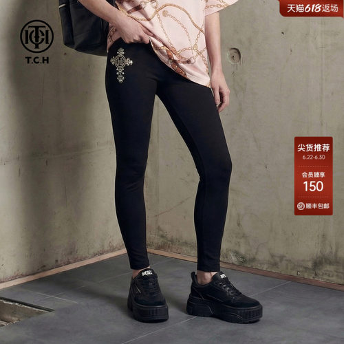 TCH26春夏新款百搭时尚烫钻休闲修身弹力黑色打底裤女T78A236001