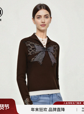 TCH【含绵羊毛】复古烫钻咖色收腰显瘦假两件针织衫女T78A09E1025