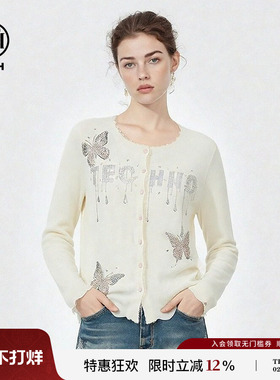TCH含绵羊毛烫钻蝴蝶米色针织开衫上衣女2026春季新款T78A43E1017