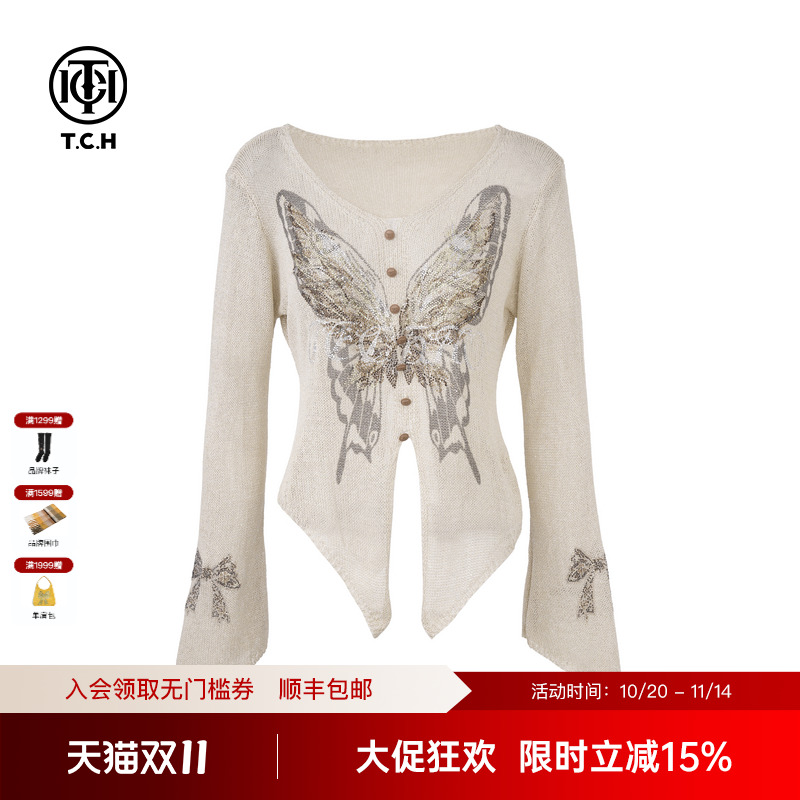 TCH私服烫钻蝴蝶V领时髦不规则针织衫女2025夏季新款T75A09E5058