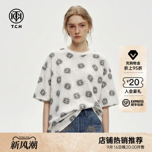 TCH宽松休闲满印LOGO烫钻百搭圆领短袖T恤男女同款2026夏季新款