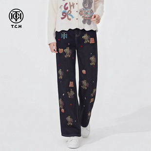TCH26春夏款潮牌甜酷小熊烫钻深蓝色宽松直筒牛仔裤女T78A20E1133