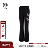 女2025冬新款 TCH蝴蝶烫钻百搭显瘦黑色加绒修身 微喇裤 T75D20E1172
