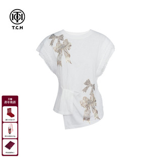 TCH私服烫钻蝴蝶结时尚 不规则显瘦气质T恤女T75B10E5043 百搭无袖