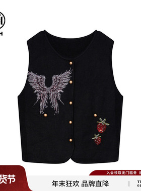 TCH时尚烫钻黑色针织马甲女秋冬叠穿开衫圆领上衣女T75D09E5042