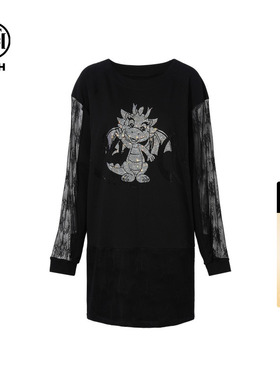 TCH烫钻时尚蕾丝拼接长袖气质连衣裙女2026春季新款T75C30B1010