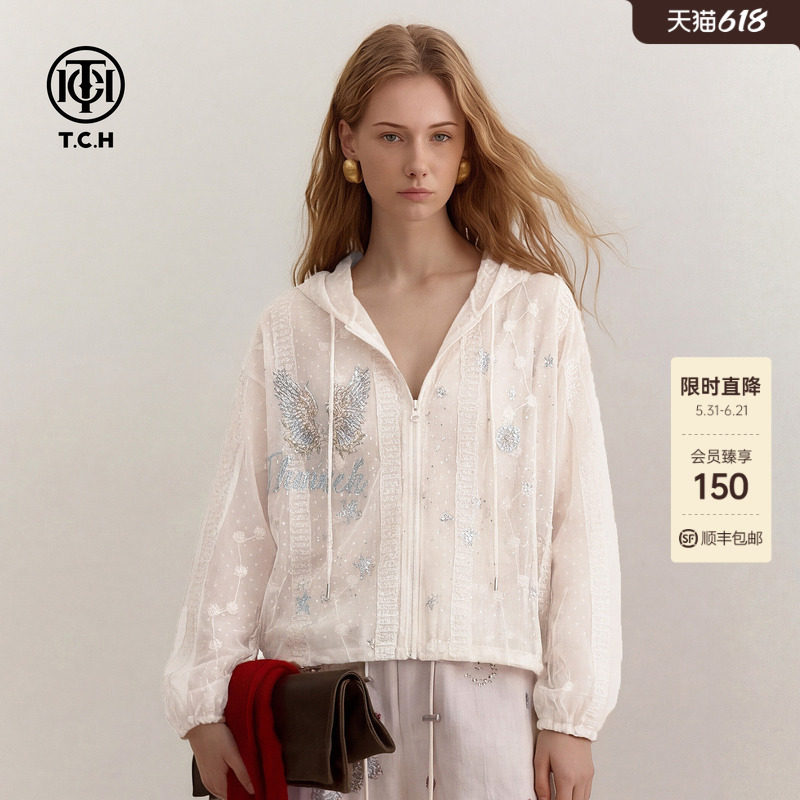 TCH暗纹提花蕾丝烫钻连帽外套