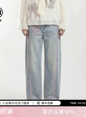 TCH重工粉闪蝴蝶结烫钻做旧复古高街弯刀阔腿牛仔裤女T78A20E1143