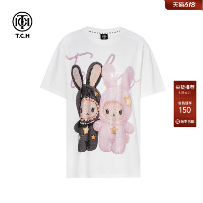 TCH轻奢重工卡通烫钻短袖T恤休闲宽松情侣半袖上衣潮T75C10E9051