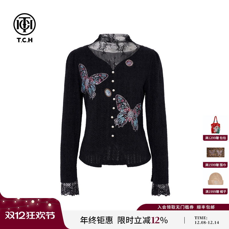 TCH时尚烫钻优雅拼接蕾丝黑色打底衫上衣女2025秋冬款T75D02E5011