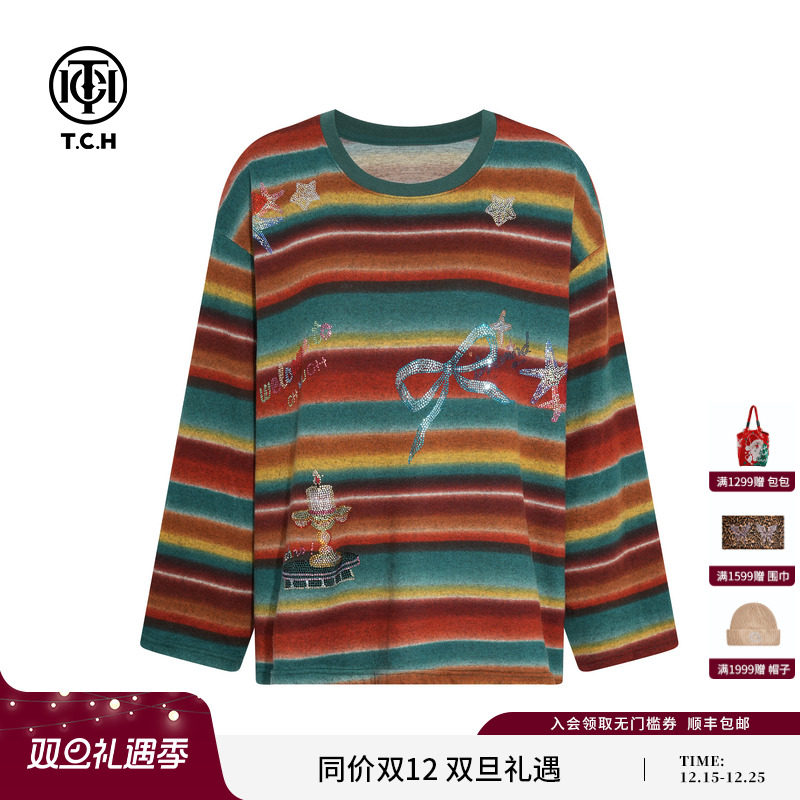 TCH私服烫钻25秋冬新款复古休闲百搭显瘦条纹针织衫女T75C09E1157