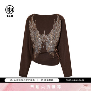 女2025秋冬新款 T75D09E1207 烫钻咖色百搭收腰显瘦针织衫 TCH时尚