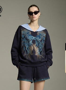 TCH潮牌重工烫钻蝴蝶翅膀套装海军领卫衣短裤两件套女T78A07E1177