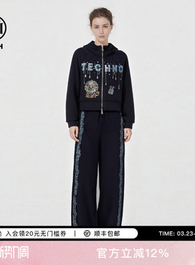 TCH潮酷烫钻狮子宽松短款连帽外套阔腿裤藏青色套装女T78A07E1111