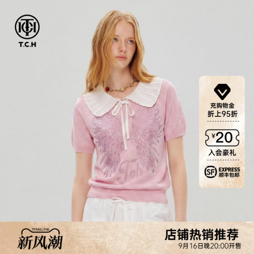 TCH烫钻翅膀娃娃领短袖针织衫