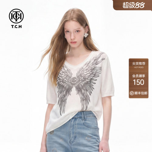 天使之翼烫钻随性V领针织T恤女