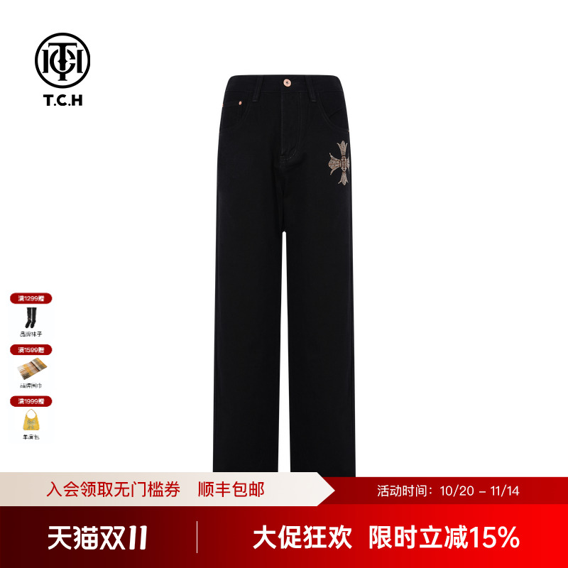 TCH轻奢烫钻黑色直筒宽松显瘦牛仔裤女潮牌休闲长裤男T75C20E5130