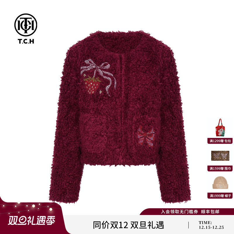 TCH百搭时尚烫钻红色圆领短毛毛外套女潮2025冬季新款T75D27E1017