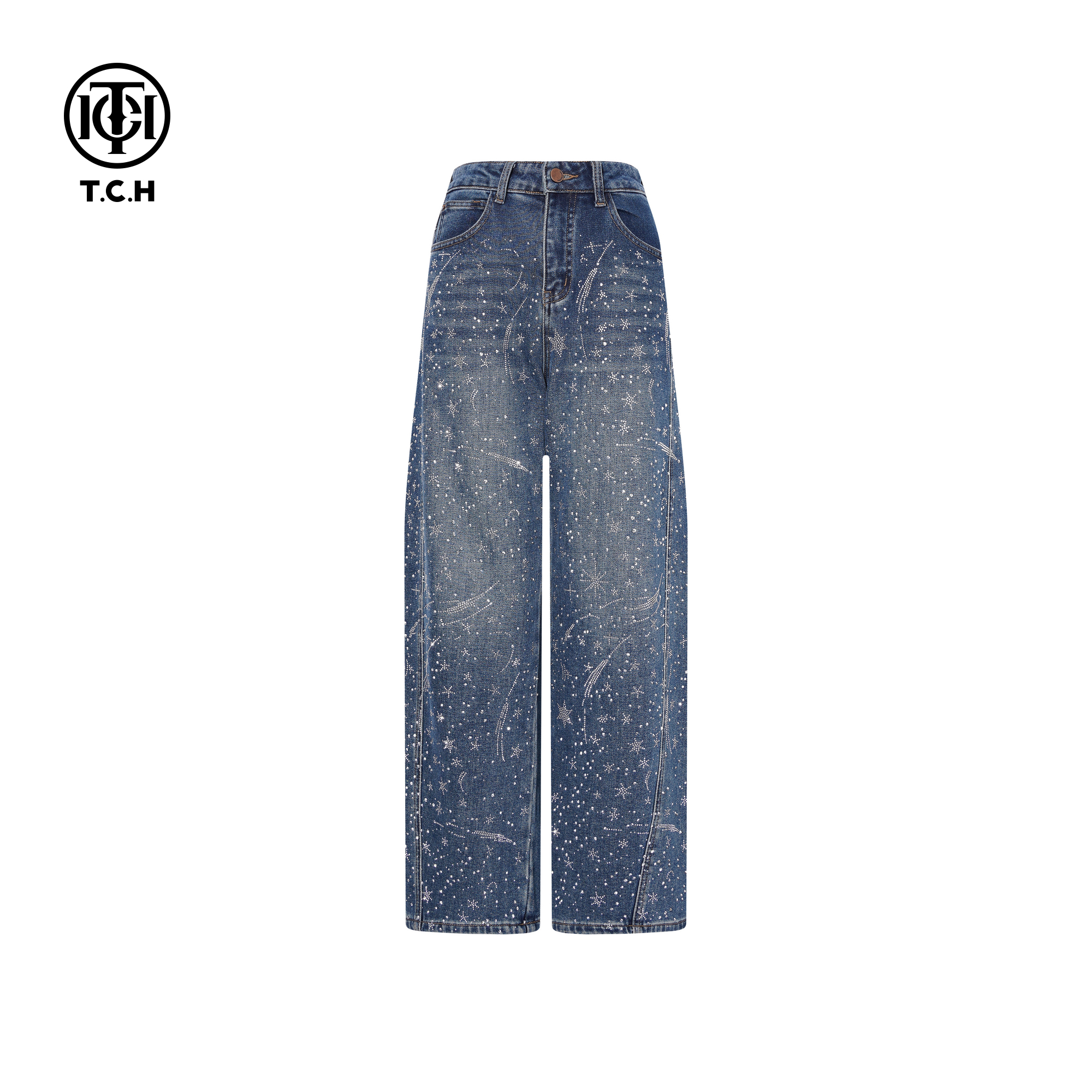 TCH私服烫钻25秋冬新款慵懒时尚百搭阔腿加绒牛仔裤女T75D20E1029