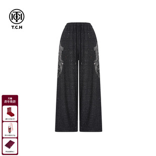 烫钻慵懒风黑色阔腿休闲裤 百搭时尚 女T75D20E1153 新款 TCH2025冬季