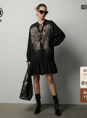 TCH2026夏季新款羽翼烫钻气质黑色显瘦荷叶边连衣裙女T78A30E1080