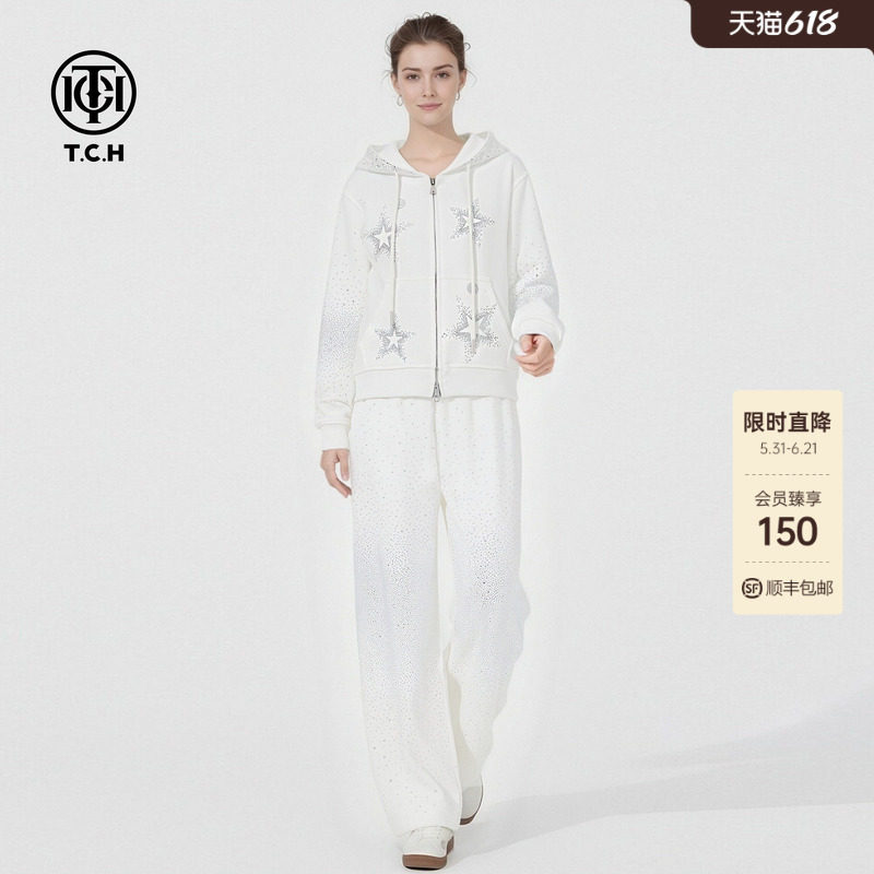 TCH烫钻满天星休闲风短款连帽外套满直筒裤白色套装女T78A07E1091