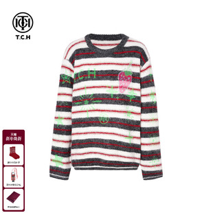 T75D09E5088 新款 TCH烫钻复古条纹撞色保暖毛衣针织衫 女2025冬季