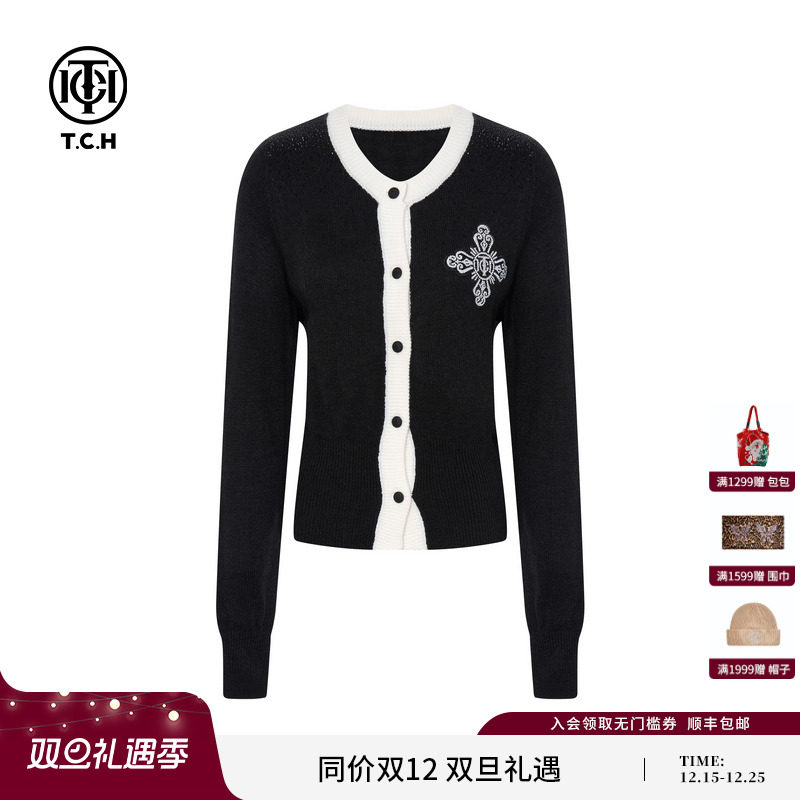 TCH轻奢烫钻绵羊毛撞色针织开衫上衣女2025冬季新款T75C43E9010