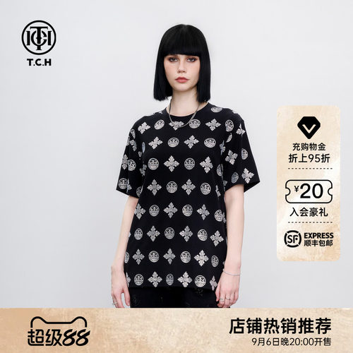 TCH美式潮流烫钻LOGO满印时尚休闲短袖T恤男女同款2026夏季新款