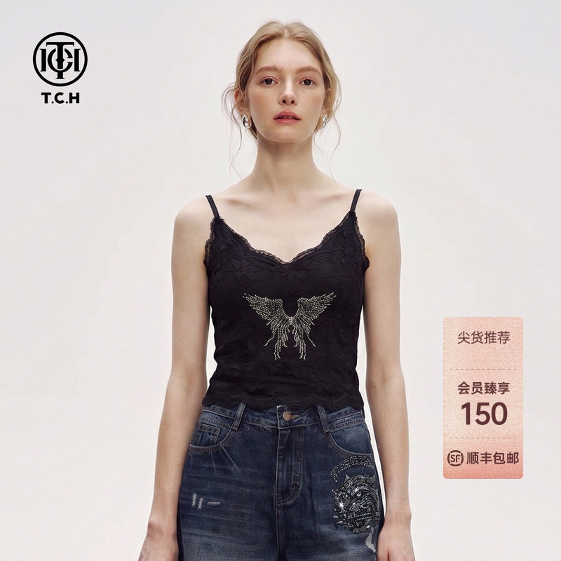 纯欲性感烫钻翅膀黑色蕾丝吊带女图片