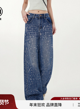 TCH满天星银河闪耀烫钻加绒宽松阔腿牛仔裤女2025秋冬T75D20E1029