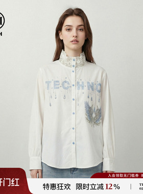 TCH26春款少女风时尚百搭烫钻羽翼蕾丝领衬衫上衣女T78A13E1035