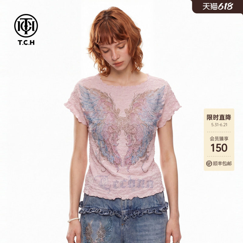 TCH2026夏季新款焕彩翅膀烫钻粉色减龄泡泡纱T恤女木耳边短袖上衣