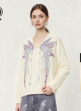TCH烫钻幻彩蝶翼米白色V领针织衫上衣女2026春季新款T78A09E1063